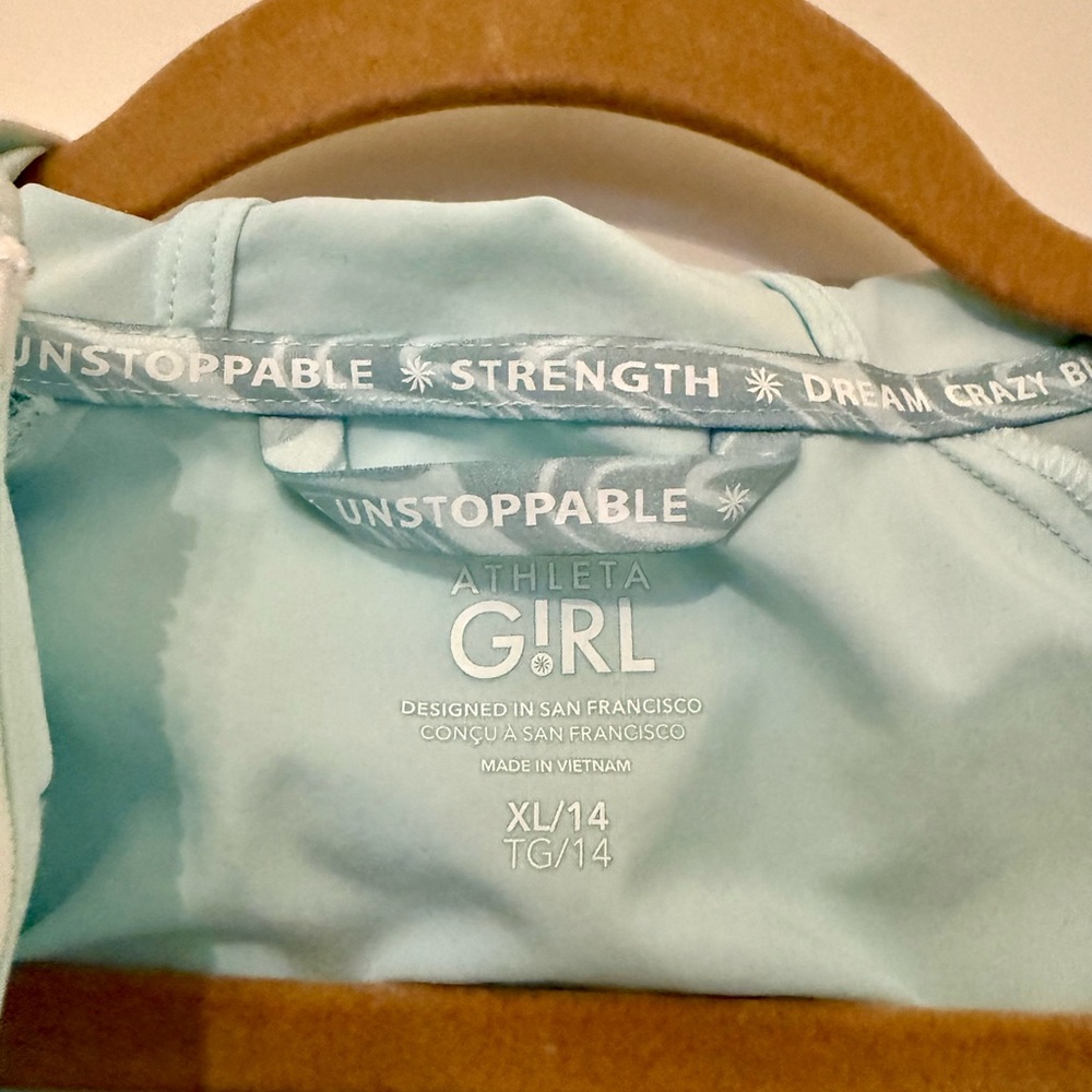 Athleta Track Star Hooded Jacket Light Blue/Aqua/Oasis/Packable-Girls Sz XL / 14 - Picture 3 of 9